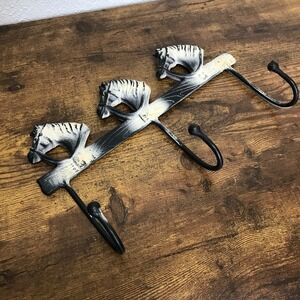 Cast Iron Horse Head 3 Hook Coat Hat Rack Wall Hanger Rustic Country Western
